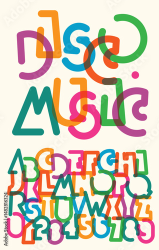 simple, humorous, geometric, outline, color font with disco music, holiday and party themes. Like neon lights. Latin alphabet letters and numbers. No AI used.