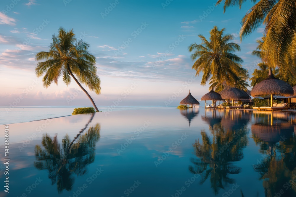 Fototapeta premium Tropical beach panorama with clear blue water and palm trees under sunny sky, tranquil coastal scene