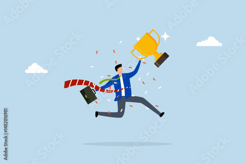 Success winning businessman, success businessman running reach finish line with trophy.