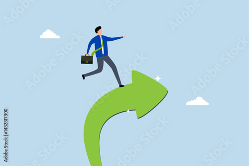 Increase business success, businessman ride upward rising success arrow upward direction.