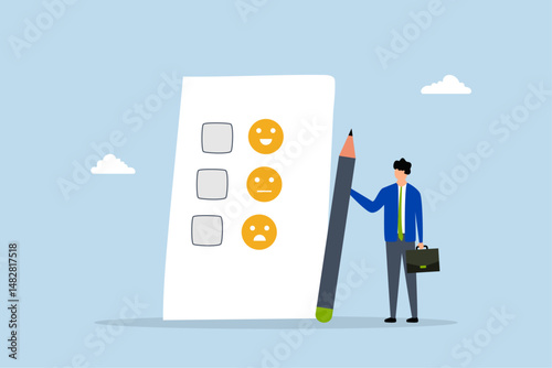 Customer rating, man grasping a pencil reflects on their experience while rating survey that features happy, neutral, and angry facial expressions.