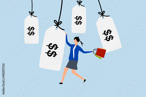 Shopping promotion, woman dressed in elegant stylish outfits carrying shopping bags marked with discount tags.