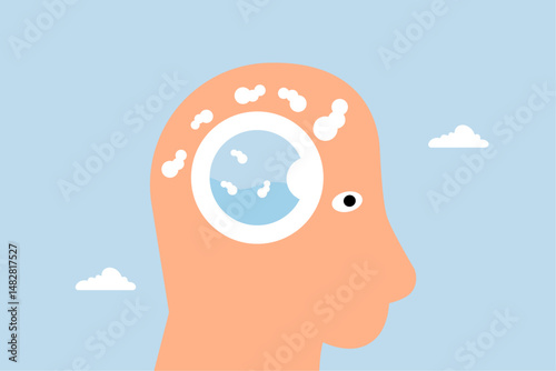 Brain wash, human head with washing machine in action to clean his brain.