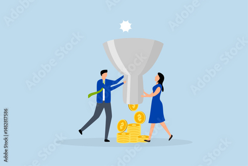 Marketing, business people marketer holding funnel with flow of purchase money