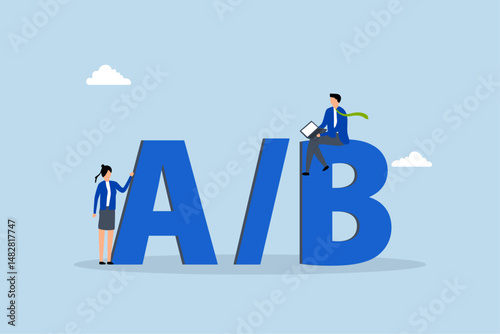 AB testing, Entrepreneur coder and users positioned on letters A and B for evaluation.