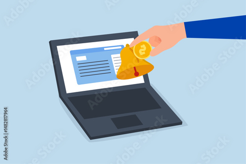 Subscription business model, customer hand put coin on subscription bell on laptop.