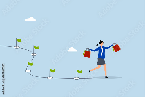 Customer journey, female customer strolling with bought shopping bags on her way.