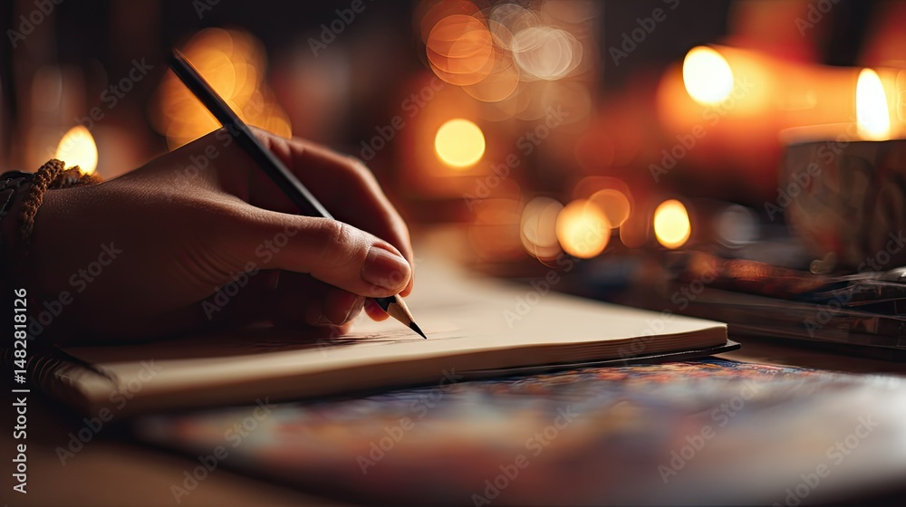 Obraz premium Hand of an artist drawing a continuous pencil line on a sketchpad with warm creative ambiance