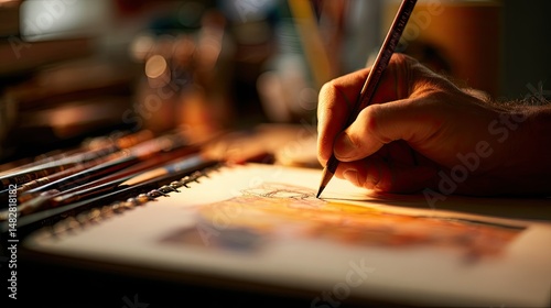 Wallpaper Mural Hand of an artist drawing a continuous pencil line on a sketchpad with warm creative ambiance Torontodigital.ca