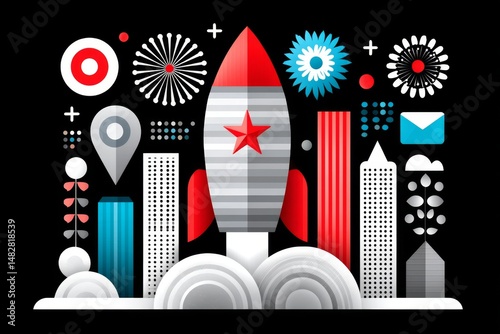 A colorful illustrated firecracker bursting with stars and festive icons around
