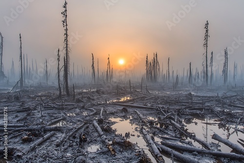 Scorched Earth Landscape: Sun Sets Over Burned Forest, Barren an