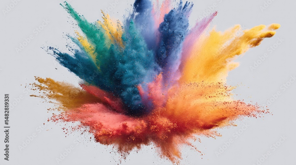 Obraz premium High-speed photo of multicolored powder dispersing from the center outward on a solid white background, perfect for creative ads