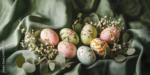 Quail Eggs Nestled with Spring Flowers on Rustic Fabric and Sunny Wood Ideal for Happy Easter Greeting Cards easter eggs and a bouquet