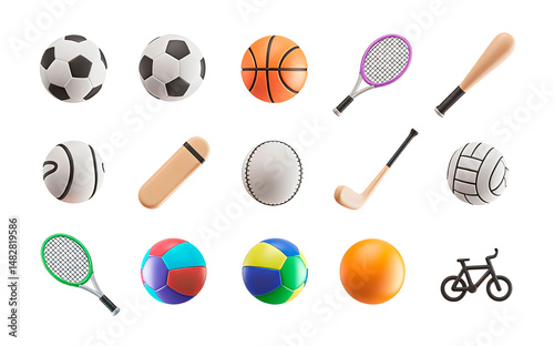 Isolated 3D sports equipment icons (soccer ball, basketball, etc.) on a white background. Smooth gradients, soft shadows, and neutral colors with vibrant accents. Consistent style and slight angle on 