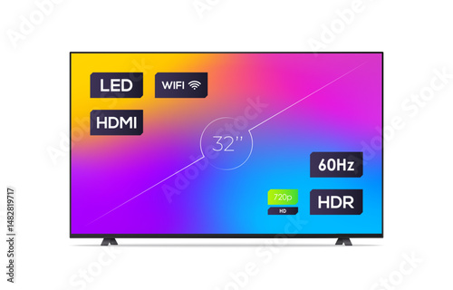Smart TV with information on screen and colorful background. Diagonal screen size in 32 inches. Realistic LED TV wide display with thin frame. Template for advertising. Vector illustration