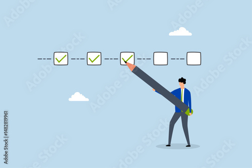 Project tracking, businessman project manager tick project checklist progress.