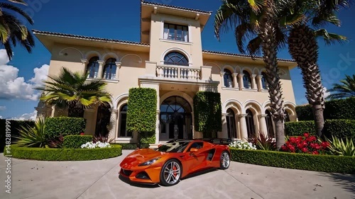 Luxury mansion with tropical landscaping and exotic orange sports car parked in driveway, sunny high-end lifestyle and wealth loop scene