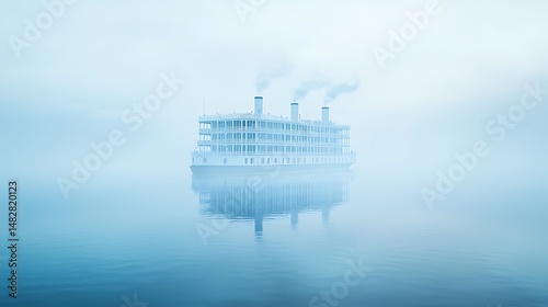 Steamboat on Misty Water with Reflections and Ethereal Blue Tone
