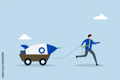 Entrepreneur initiative idea, businessman pull new creative rocket.
