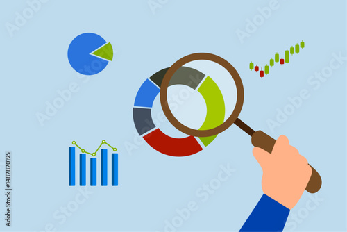 businessman hand holding magnifying glass analyze graph.