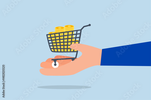 dollar gold coins in shopping cart or trolley in businessman hand