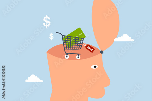 Consumerism, human head featuring shopping cart, credit card, and a sale price tag inside its brain.