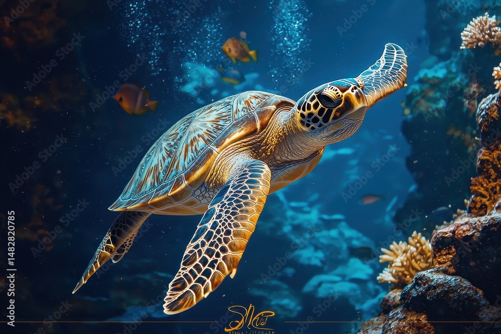 Fototapeta premium Majestic Sea Turtle Gliding Gracefully Through Vibrant Coral Reef Underwater Scene