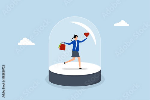 Customer retention and brand loyalty, female client grasping charming heart shaped cover beneath glass dome