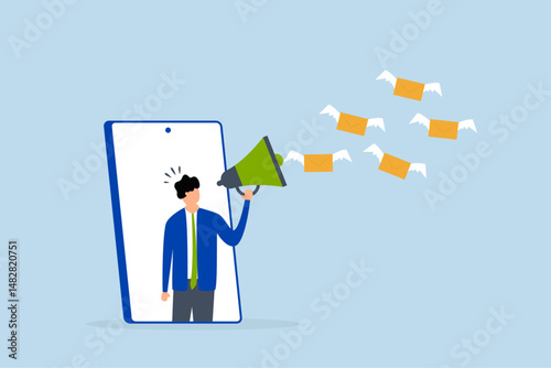 Email marketing campaign, entrepreneur on smartphone employing megaphone to distribute digital email newsletter online.