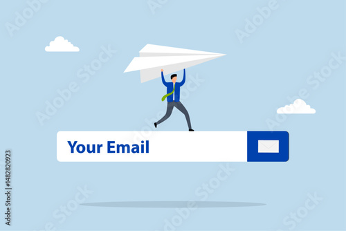 entrepreneur introducing origami paper aircraft on email signup form on webpage.