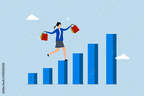 Customer lifetime value, customer woman with shopping bags walk on CLV graph and chart.