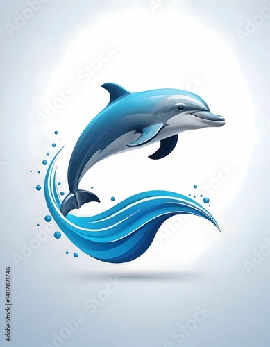 A blue dolphin leaping over a stylized wave with bubbles