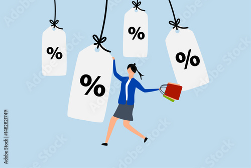 discount price tag, woman customer with shopping bags hold discount price tag.