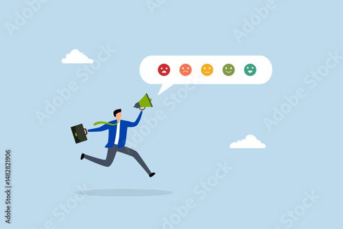 Customer satisfaction survey, man shouting with satisfaction emoticon.