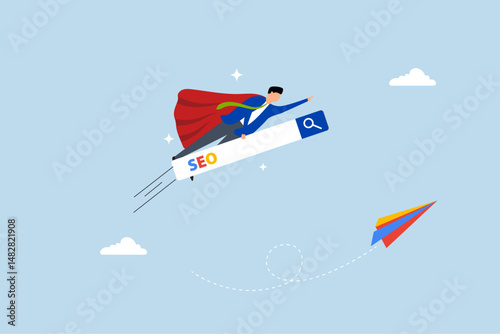 businessman superhero flying high with SEO search box.