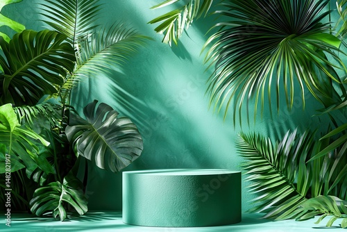 Tropical Greenery Background with Pedestal for Product Display in Natural Sunlight