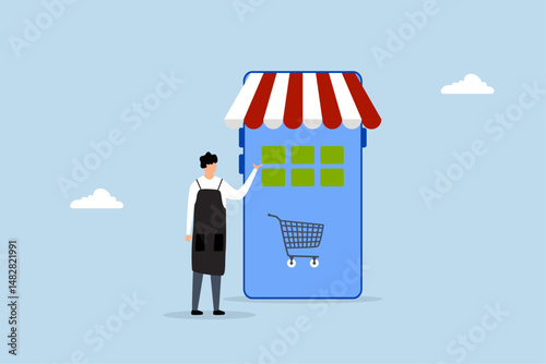 Online shop store, shopkeeper with online mobile store.