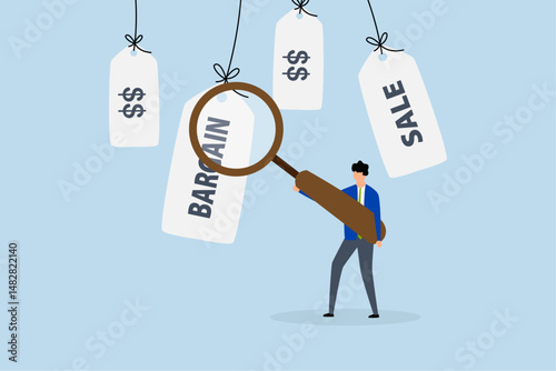 Bargain sale event, man finding special bargain sale price tag.
