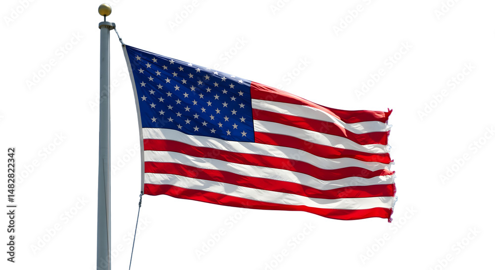Fototapeta premium American Flag Waving on a Flagpole on Transparent Background