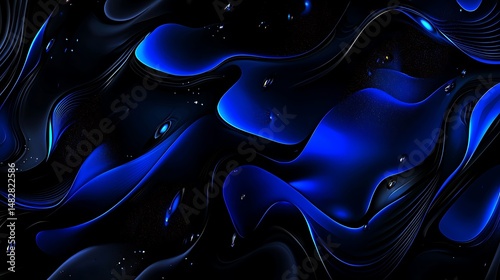 Abstract Blue and Black Liquid Swirls with Glowing Highlights