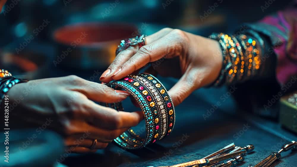 Elegant hands arrange vibrant bangles in a boutique display