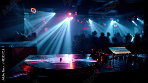 Nightclub scene with a black DJ turntable lit by LED strobes  capturing the intensity of electronic music culture