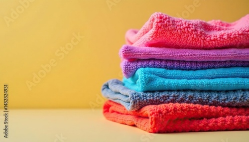 A vibrant pile of freshly-washed, brightly colored fabrics, showcasing their soft texture and clean appearance , clean laundry, backdrop, laundry