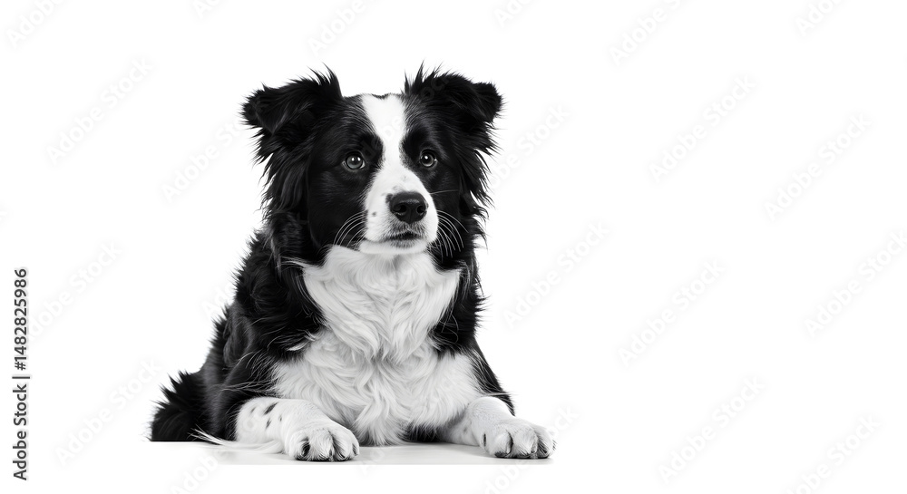 Black And White Border Collie Dog Portrait On White Background With Snow Details Black And White Border Collie Dog Portrait On White Background With Snow Details