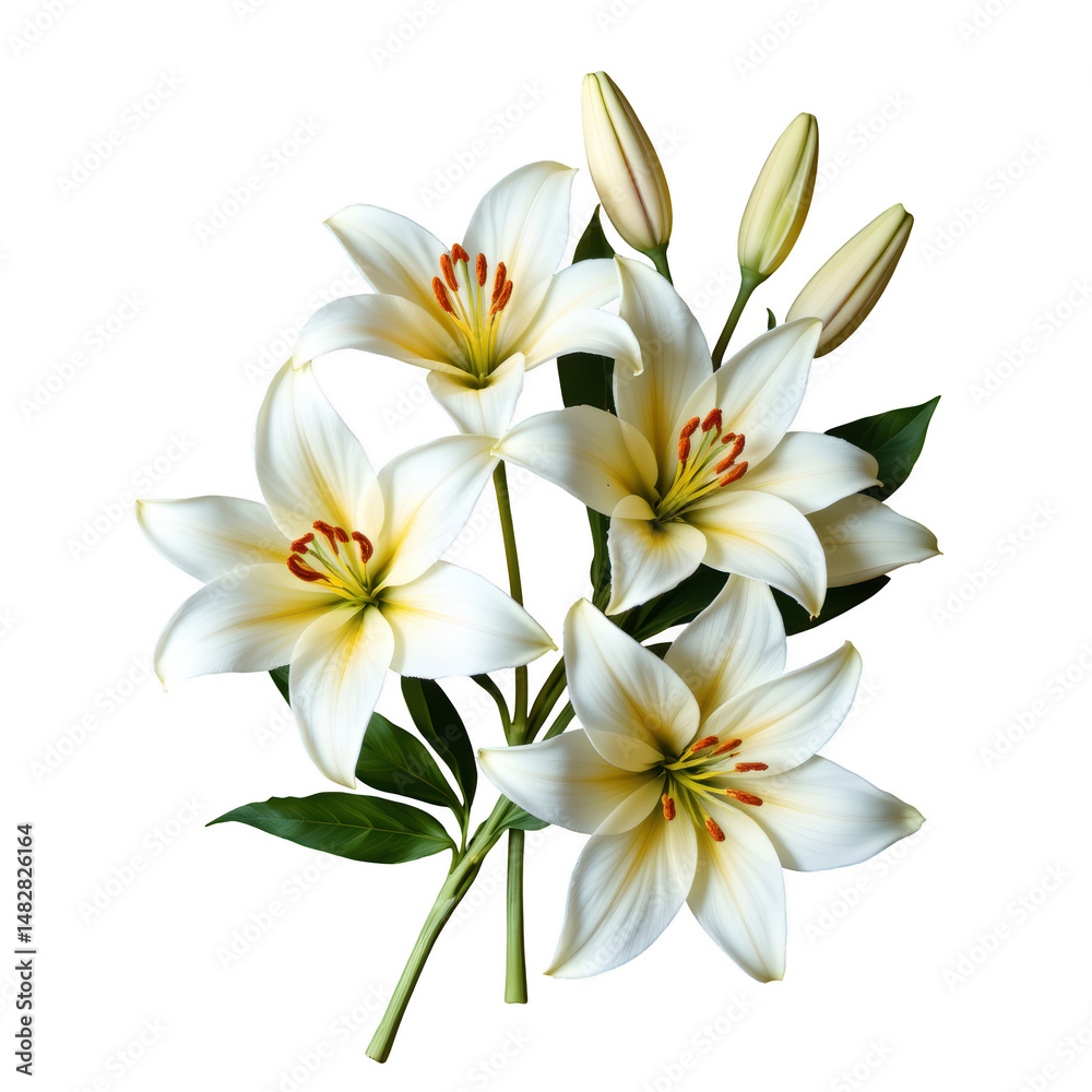 Naklejka premium White lily flower with green leaves and buds, fresh natural bloom with soft petals and orange stamens