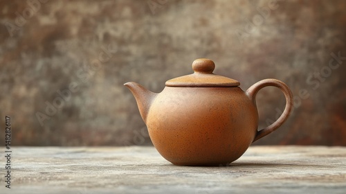 A small clay teapot with a rounded lid, set against a muted earth-tone backdrop