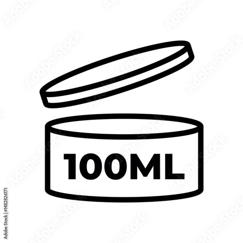 minimalist line drawing of a 100ml container with floating lid, simple black and white design, clean sketch