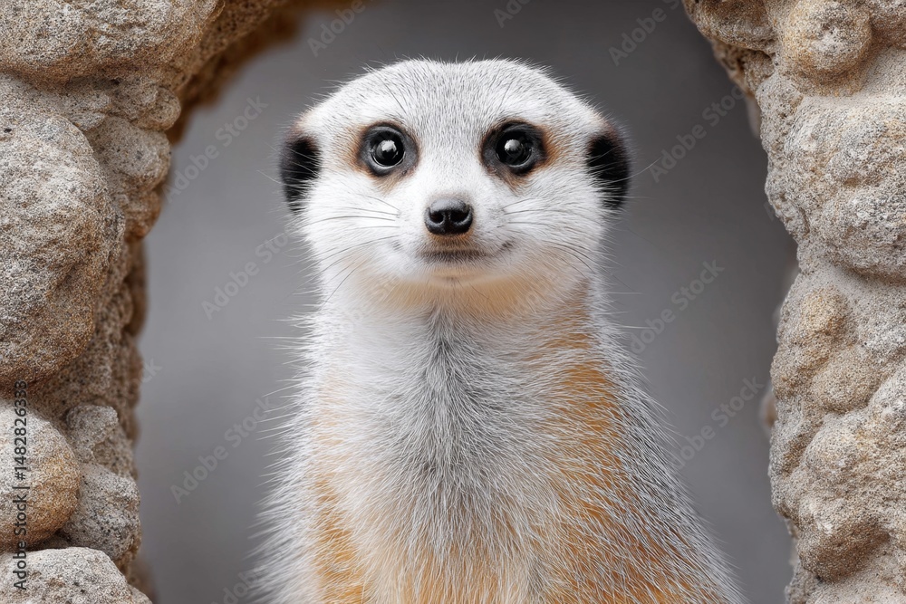 Fototapeta premium A playful meerkat standing upright near rocks and tunnels