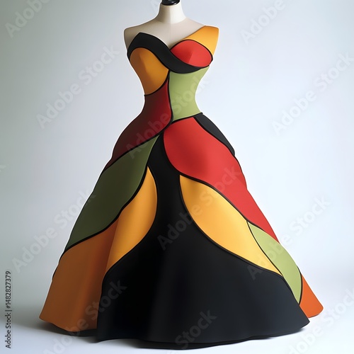 Colorful Fashion Dress on Mannequin Highlighting Contemporary Style and Textile Patterns for Apparel Design woman in red dress