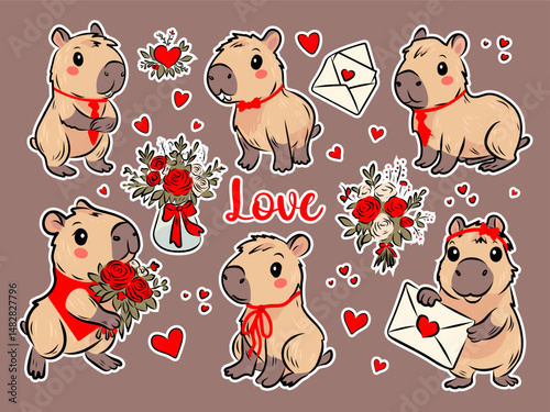 Collection of stickers with capybaras for Valentine's Day, with flowers, hearts, love, Vector.